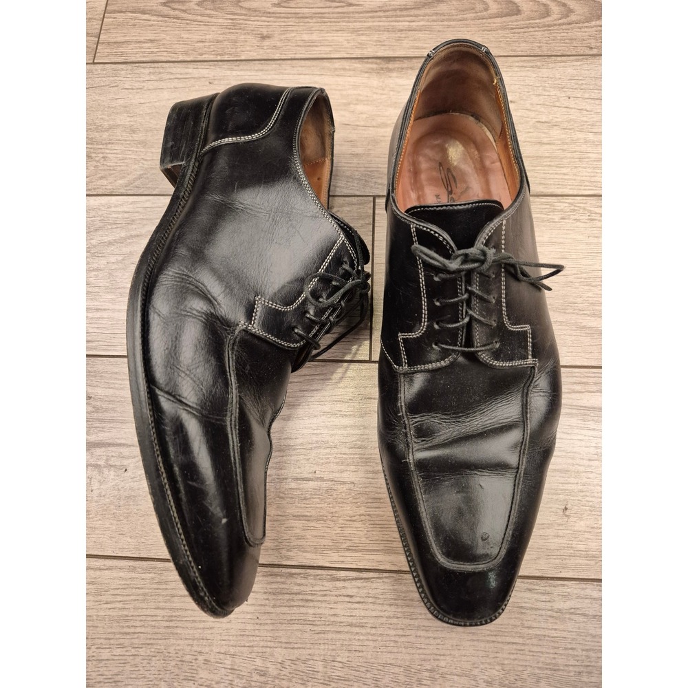 Santoni Mens Black Leather Square Apron Toe Derby Dress Shoes Italy Sz 8 D